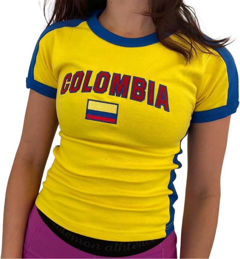 Article de fan pour femme - Imprimé graphique Colombie - Manches courtes - Sans ventre - Haut d'été sexy - Coupe ajustée - Style Y2K - T-shirt de sport - Pour les fans de football, les fêtes, les