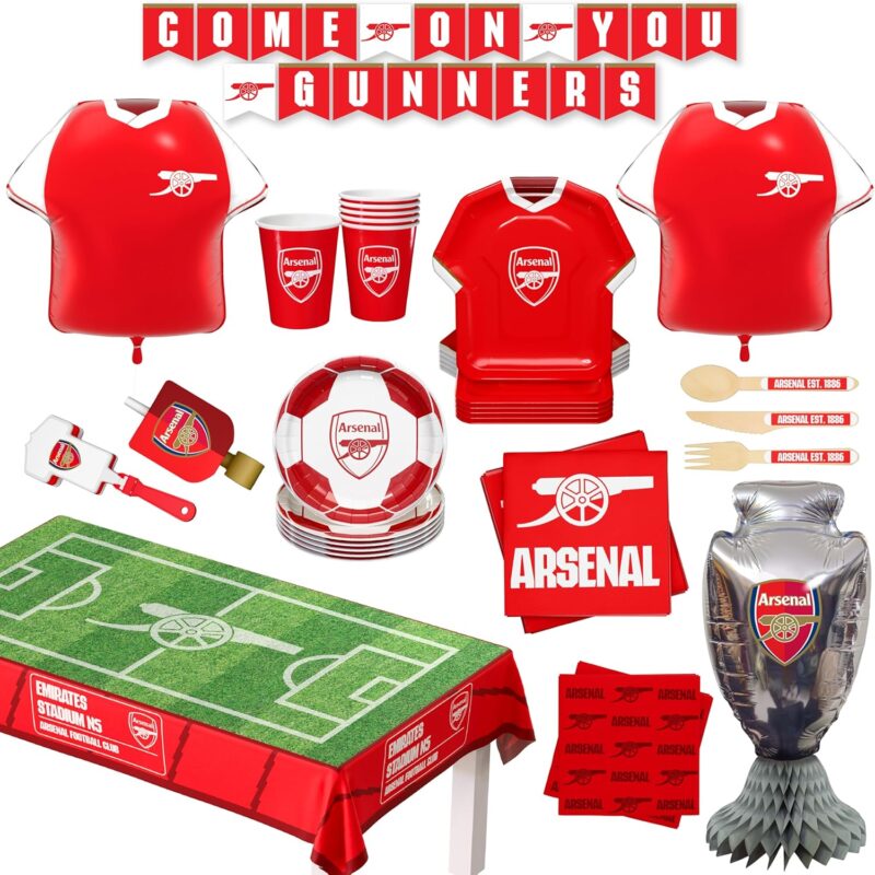 Arsenal FC Coffret de Fête Officiel 77 Pièces | Kit Tout-en-Un pour 6 Invités avec Vaisselle Jetable, Ballons Maillot, Décorations & Accessoires | Idéal Matchday & Anniversaire