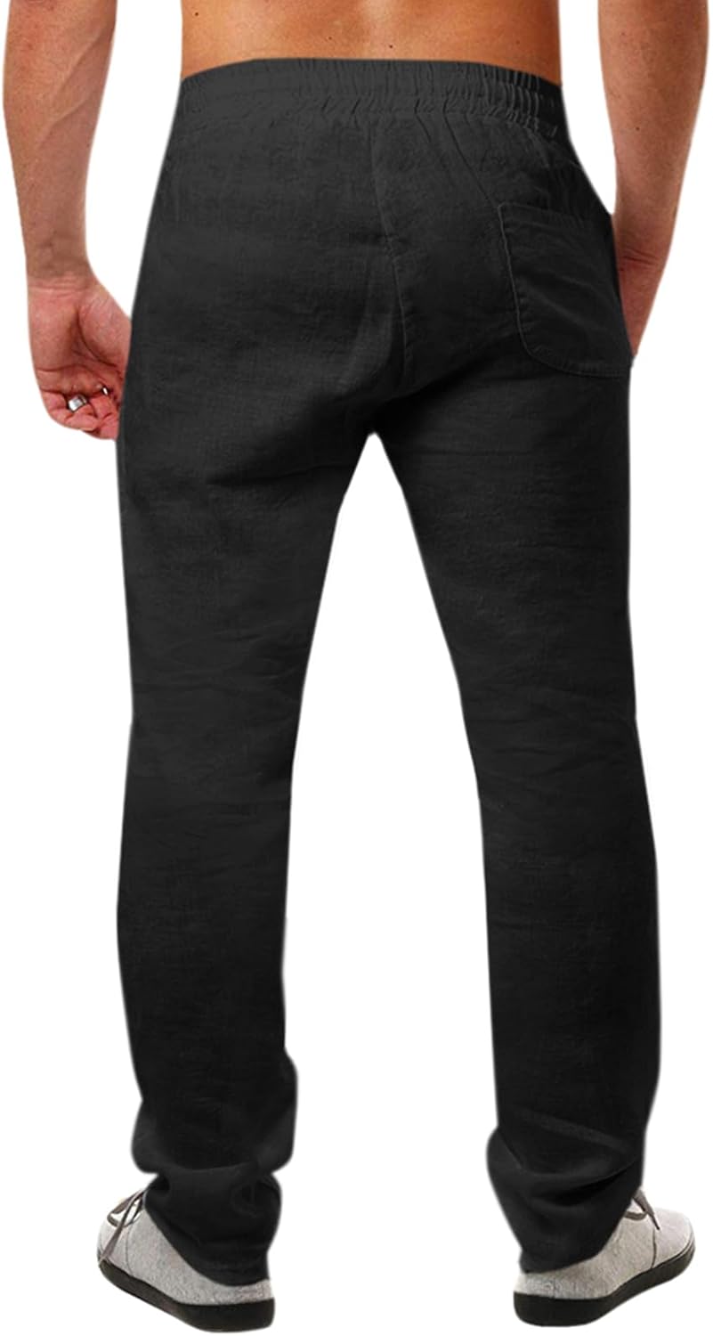 Runcati Pantalon en Lin pour Homme - Couleur Unie - Long - Léger - Coupe Ample - avec Cordon de Serrage - pour Les Vacances, la Plage, Le Quotidien - Image 2