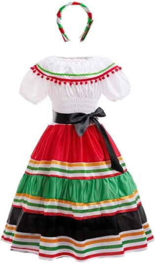 Lito Angels 5–9 Ans Robe Fille Style Mexicain Deguisement Coloré avec Bandeau pour Carnaval Spectacle Scolaire Semaine Culturelle Anniversaire Livre