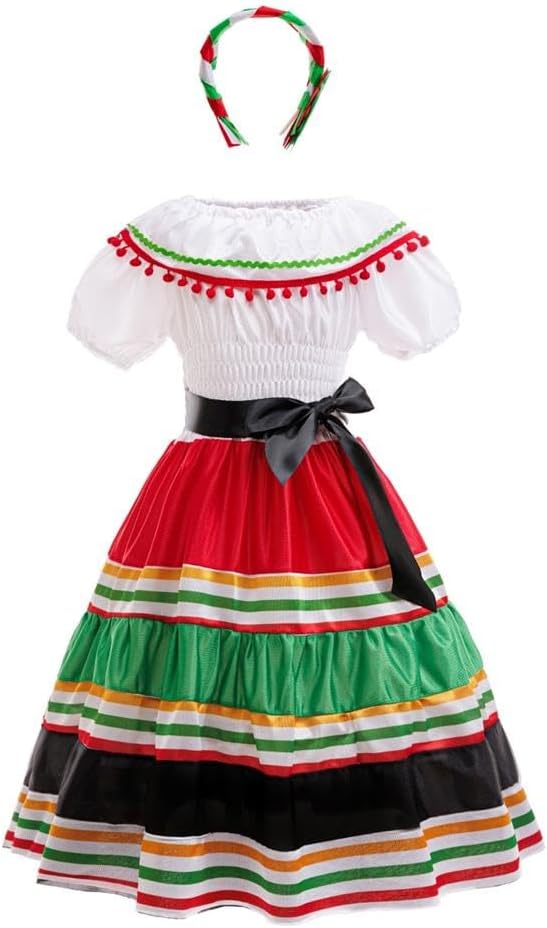 Lito Angels 5–9 Ans Robe Fille Style Mexicain Deguisement Coloré avec Bandeau pour Carnaval Spectacle Scolaire Semaine Culturelle Anniversaire Livre