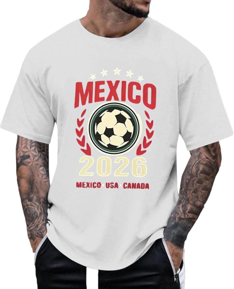 T-shirt à manches courtes pour homme - Col rond - Pour les fans de football - Impression Mexique États-Unis Canada - Article de fan de streetwear - Loisirs - Sport - Haut - Look maillot d'été