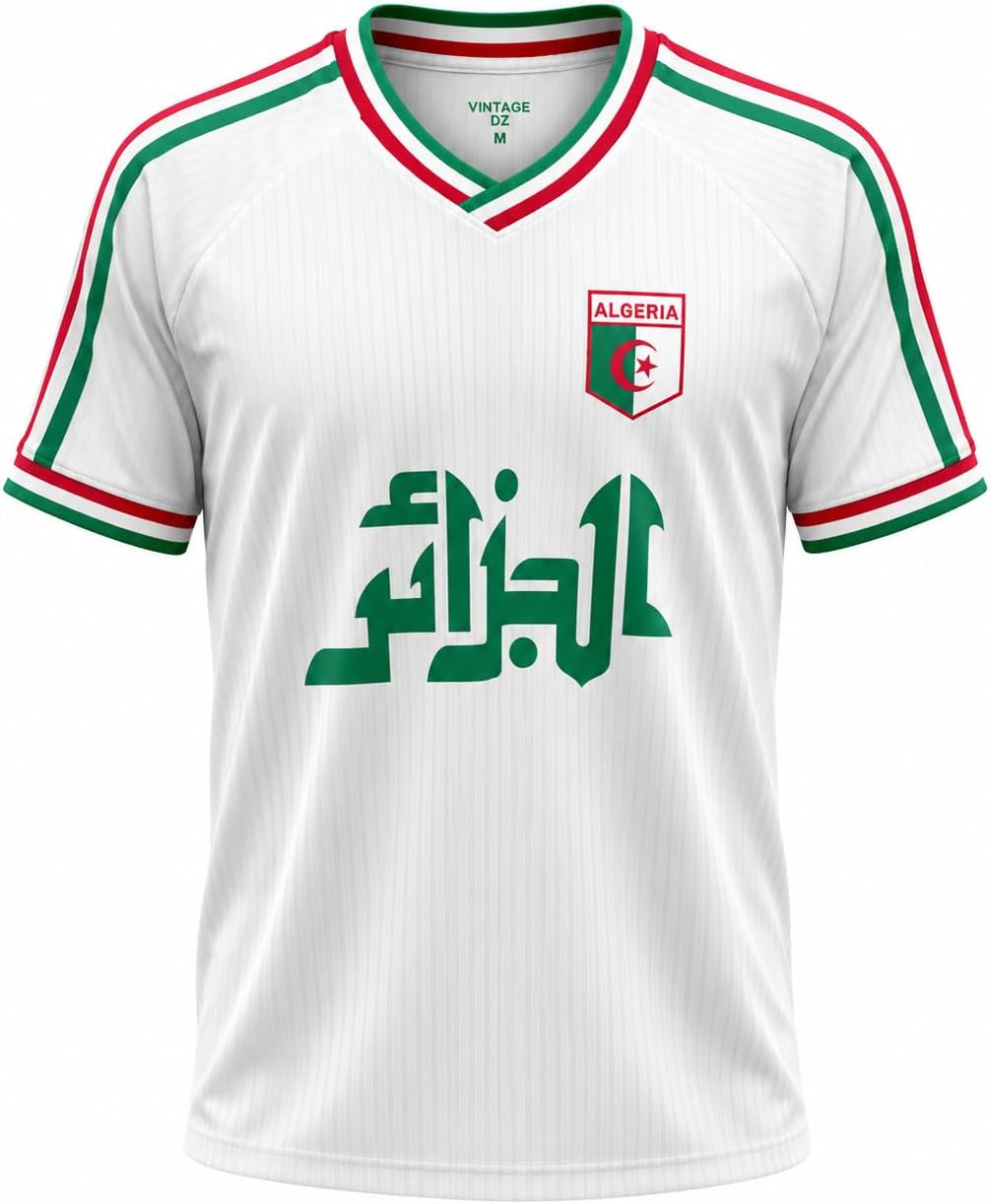 Maillot Algérie Vintage – Équipe Nationale Football – Blanc Vert Rouge – Design Rétro Arabesque – Vintage DZ