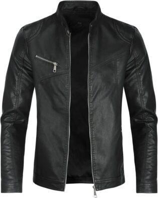 61As7v1aHHS._AC_SL1200_.jpg Sliktaa Hommes Blouson en Similicuir Écologique d'hiver avec Un Col Montant Haut de Transition Matelassee Moto Pilote Zippé Fermeture Eclair Casual Veste en Cuir Cool Classique