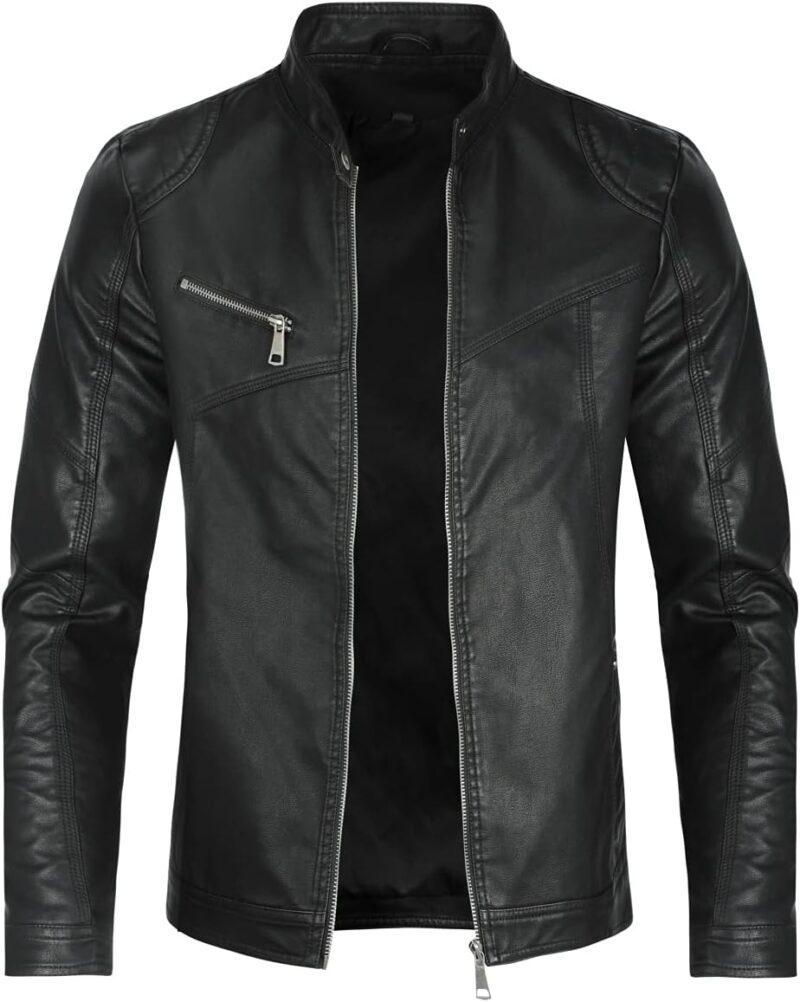 Sliktaa Hommes Blouson en Similicuir Écologique d'hiver avec Un Col Montant Haut de Transition Matelassee Moto Pilote Zippé Fermeture Eclair Casual Veste en Cuir Cool Classique