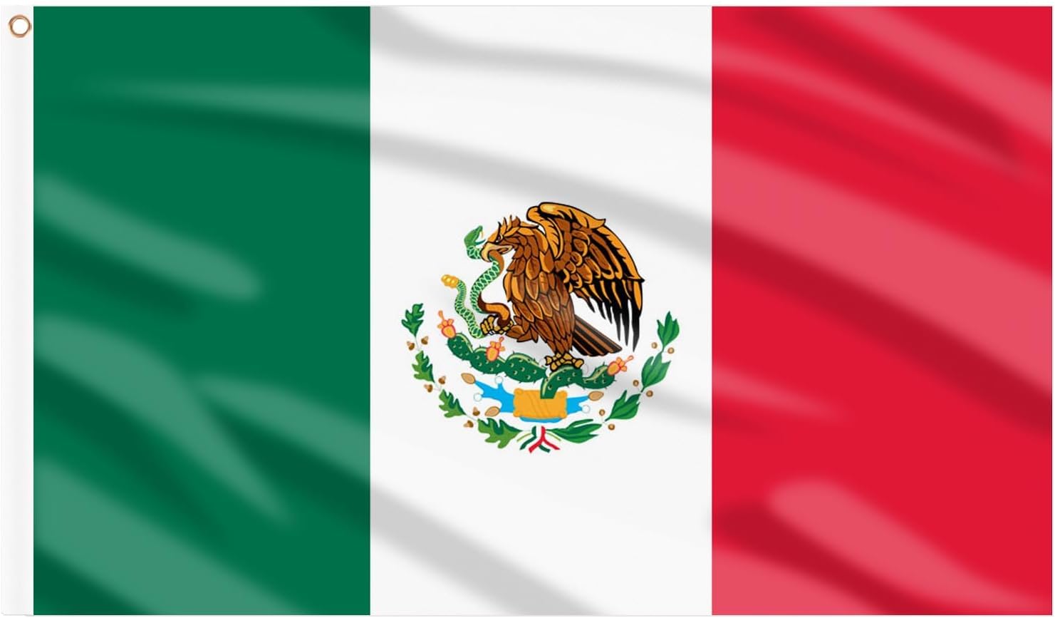 AhfuLife Grande Drapeau Mexique 90×150cm, 1Pcs Drapeau Mexicain Double Face avec œillets en Laiton en Polyester pour Fête Nationale Coupe du Monde Américain Football Sportive Jardin Bar Marches Décor