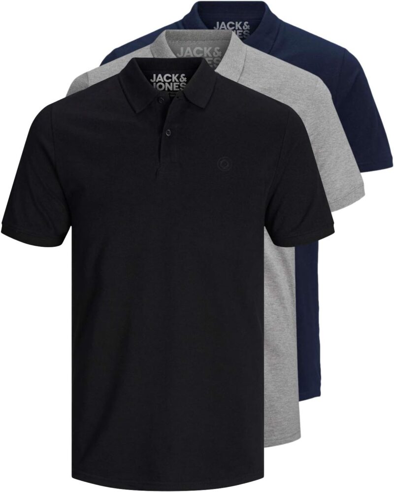 JACK & JONES 12171776 Lot de 3 polos slim fit à manches courtes pour homme, noir, blanc, bleu, gris, XS, S, M, L, XL, XXL