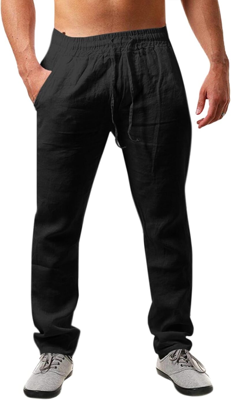 Runcati Pantalon en Lin pour Homme - Couleur Unie - Long - Léger - Coupe Ample - avec Cordon de Serrage - pour Les Vacances, la Plage, Le Quotidien