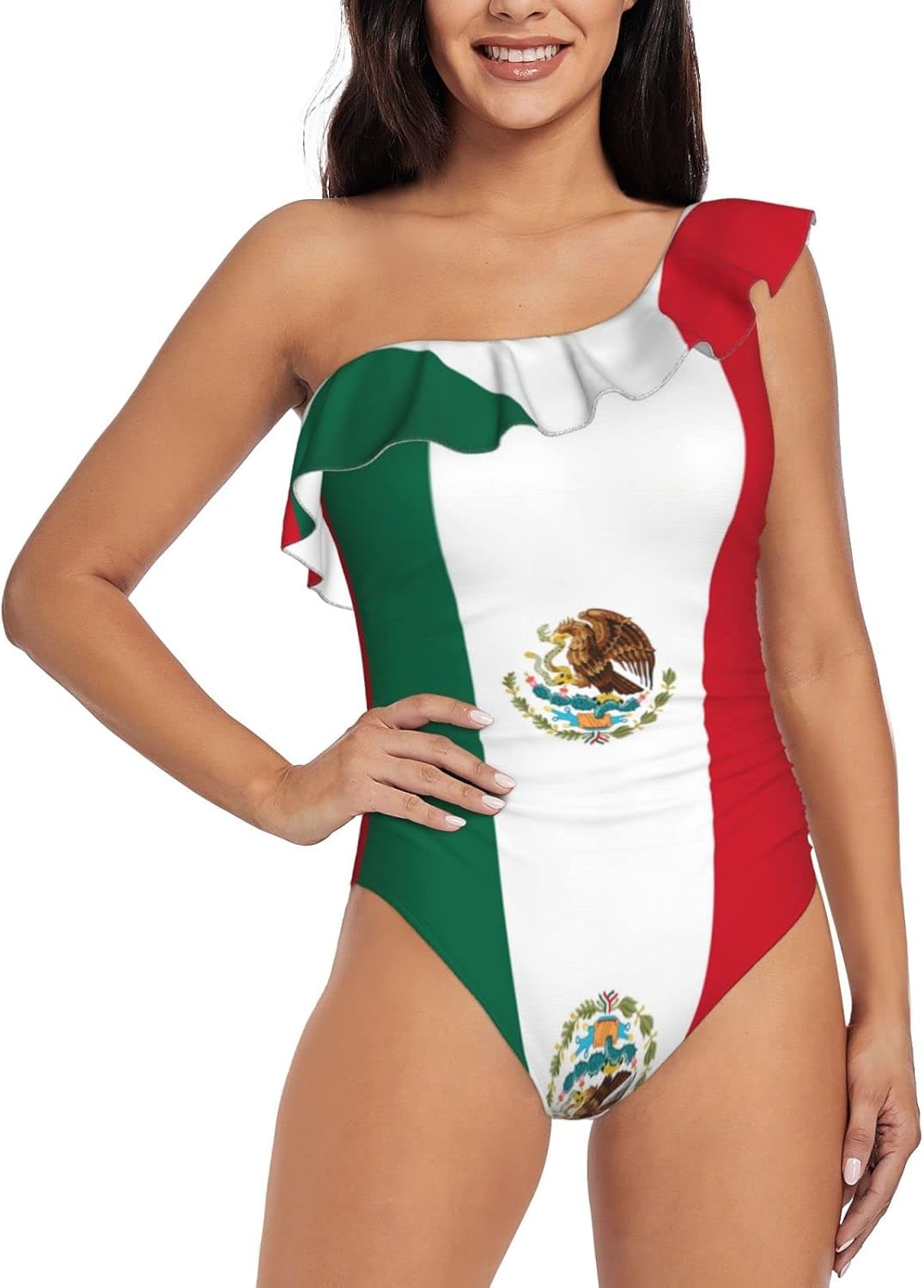 Maillot de bain imprimé drapeau du Mexique une épaule volantée en tissu nylon hautement élastique, design flatteur pour femme