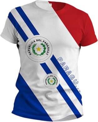 61OFar1NI7L._AC_SL1500_.jpg T-Shirts à Manches Courtes Femme Imprimé Paraguay et Blason, Maillot de Foot Ete, T Shirt pour Supporter de Match Football et Fête Nationale, Haut Tee Shirt Rouge-Blanc-Bleu, Tops de Sport Casual