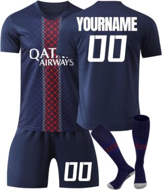 61PLXF1vSL._AC_SL1500_.jpg Maillot de Foot PSG pour Enfant, Personnalisable avec prénom et numéro, Tissu Respirant à séchage Rapide, Ensemble Complet Maillot Short et Chaussettes Sportives
