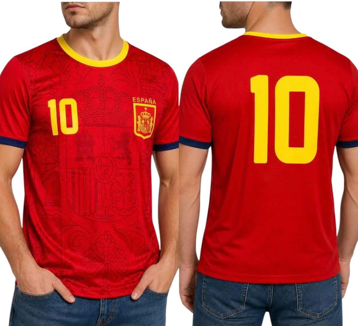 T-shirt de football d'Espagne avec dos 10 - T-shirt de sport rouge avec blason gravé, col jaune et détails sur le dos, cadeau unisexe pour homme et femme (Espagne, L)