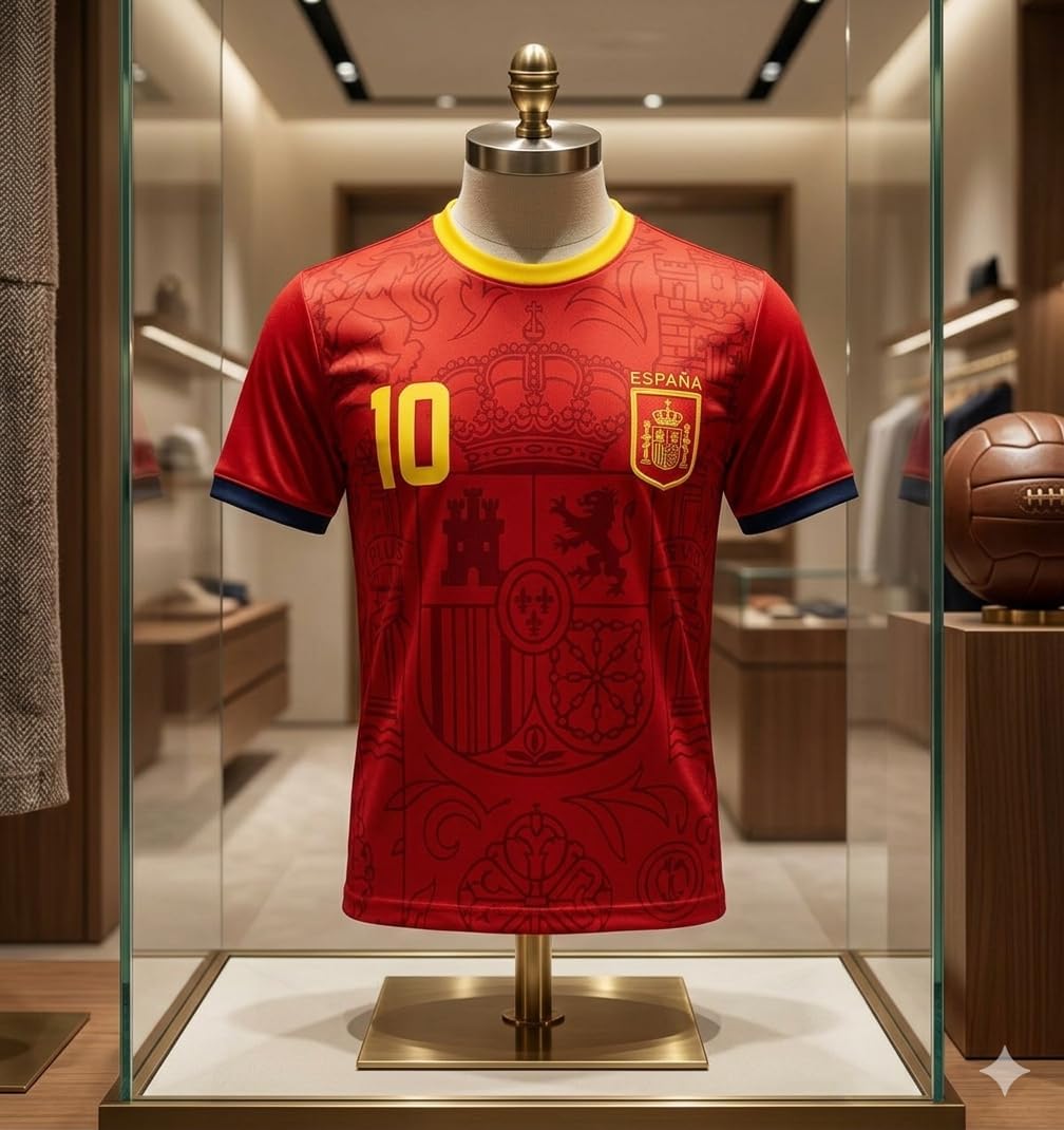 T-shirt de football d'Espagne avec dos 10 - T-shirt de sport rouge avec blason gravé, col jaune et détails sur le dos, cadeau unisexe pour homme et femme (Espagne, L) - Image 2