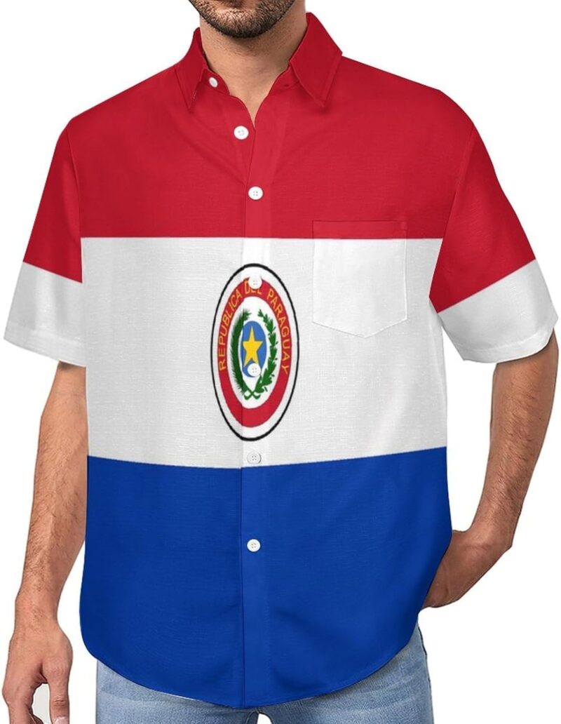 Chemise Paraguay Drapeau avec Boutonnière - Chemise Hawaïenne pour Homme - Manches Courtes - Imprimé - Chemises de Plage Décontractée pour Adulte