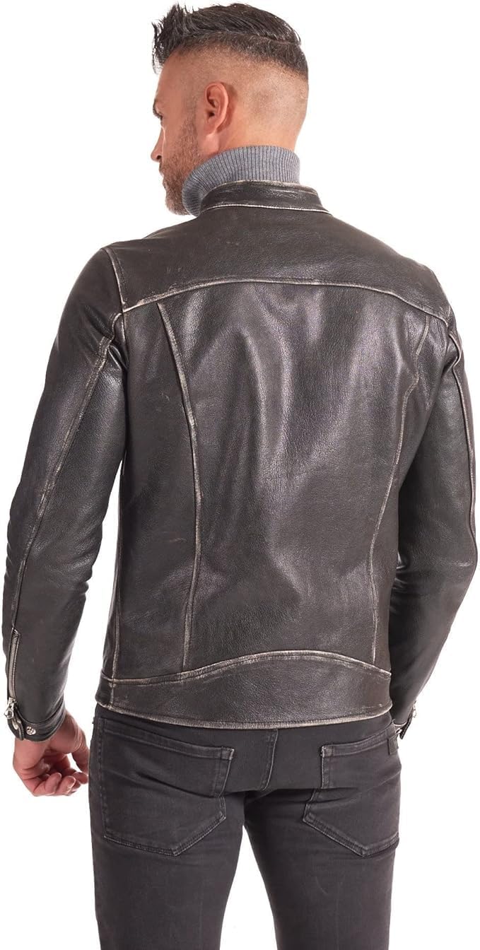 D'Arienzo Veste Cuir Véritable Noir Homme Blouson Vinatge Motard Made in Italy Hamilton - Image 3