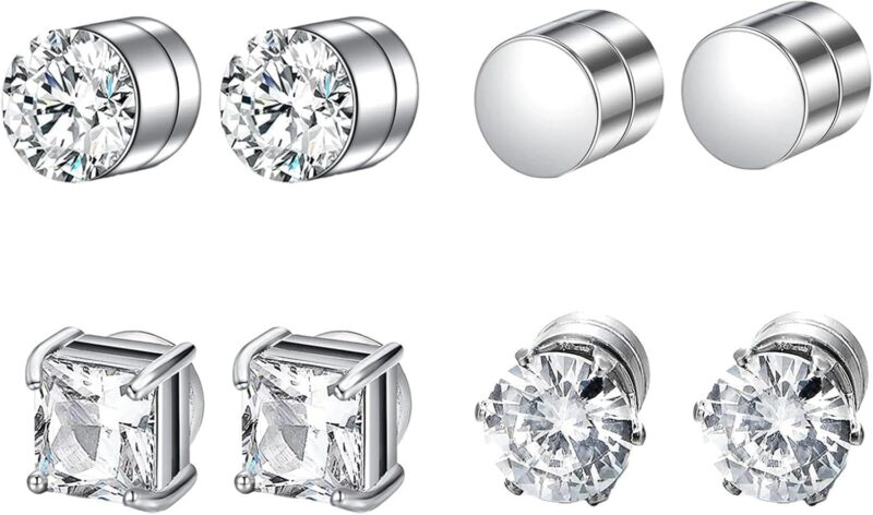 4 Paires Boucles d'Oreilles Magnétiques, 6MM Boucle Aimantée Homme, Sans Piercing, Fausse Boucle d'Oreille, Argent Acier Inoxydable Boucles d'Oreilles pour Homm