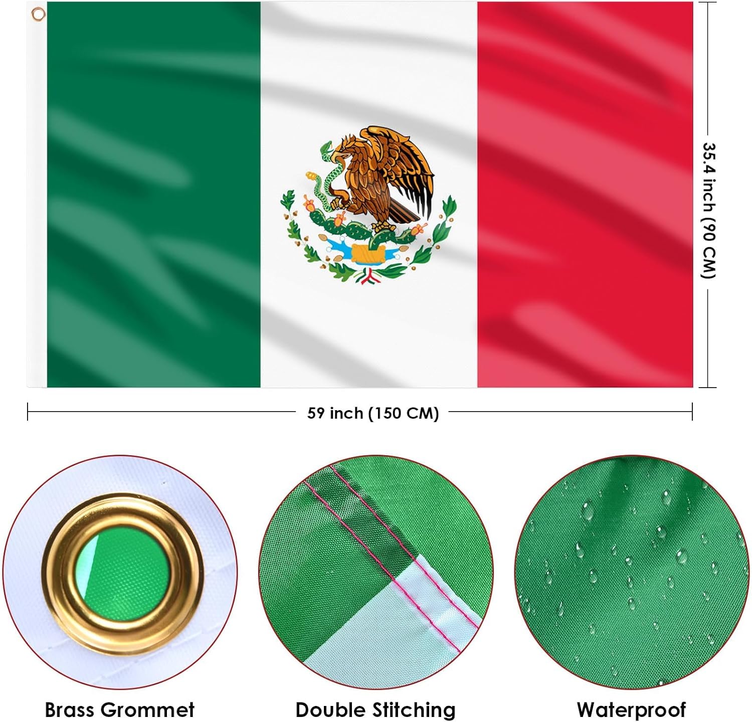 AhfuLife Grande Drapeau Mexique 90×150cm, 1Pcs Drapeau Mexicain Double Face avec œillets en Laiton en Polyester pour Fête Nationale Coupe du Monde Américain Football Sportive Jardin Bar Marches Décor - Image 2
