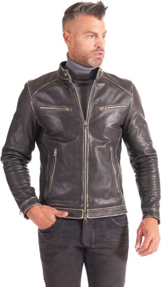 712J5KG1s6L._AC_SL1500_.jpg D'Arienzo Veste Cuir Véritable Noir Homme Blouson Vinatge Motard Made in Italy Hamilton