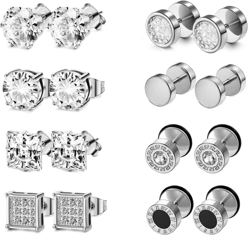 8 Paires Boucles d'Oreilles Homme en Acier Inoxydable Boucles d'Oreilles Clip Homme Argent Zirconium Boucles d'Oreille Unisexe Rondes Boucles d'Oreille Arbre de Vie