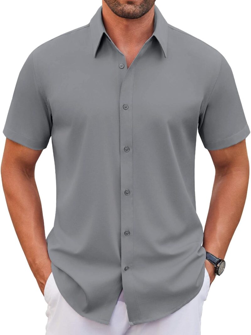WINKEEY Chemise Homme Manches Courtes sans Repassage Infroissable Chemise Habillée Élastique Été Col Boutonné