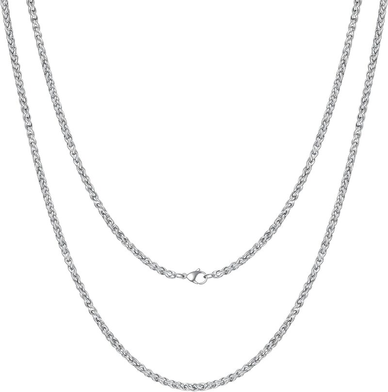 Maille Spiga Blé Chaine for Homme Collier Acier Inoxydable Chaine Argent Homme 3mm Longueur 46/51/55/61/66cm