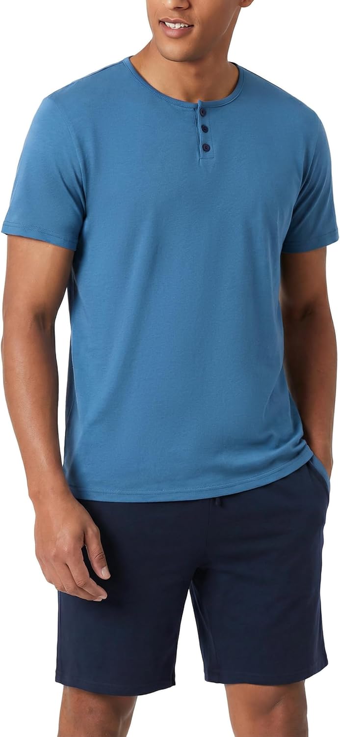 Aseniza Pyjama Homme Été Coton Court Short Ensembles de Pyjama Shorty Vêtements de Nuit Homme Manches Courtes Col Rond Confortables et Respirants