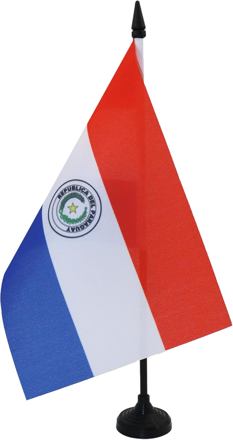 AZ FLAG - Drapeau De Table Paraguay 21x14 cm - Petit Drapeau Paraguayen De Bureau 100% Polyester Avec Hampe De 25cm Et Socle En Plastique Noir
