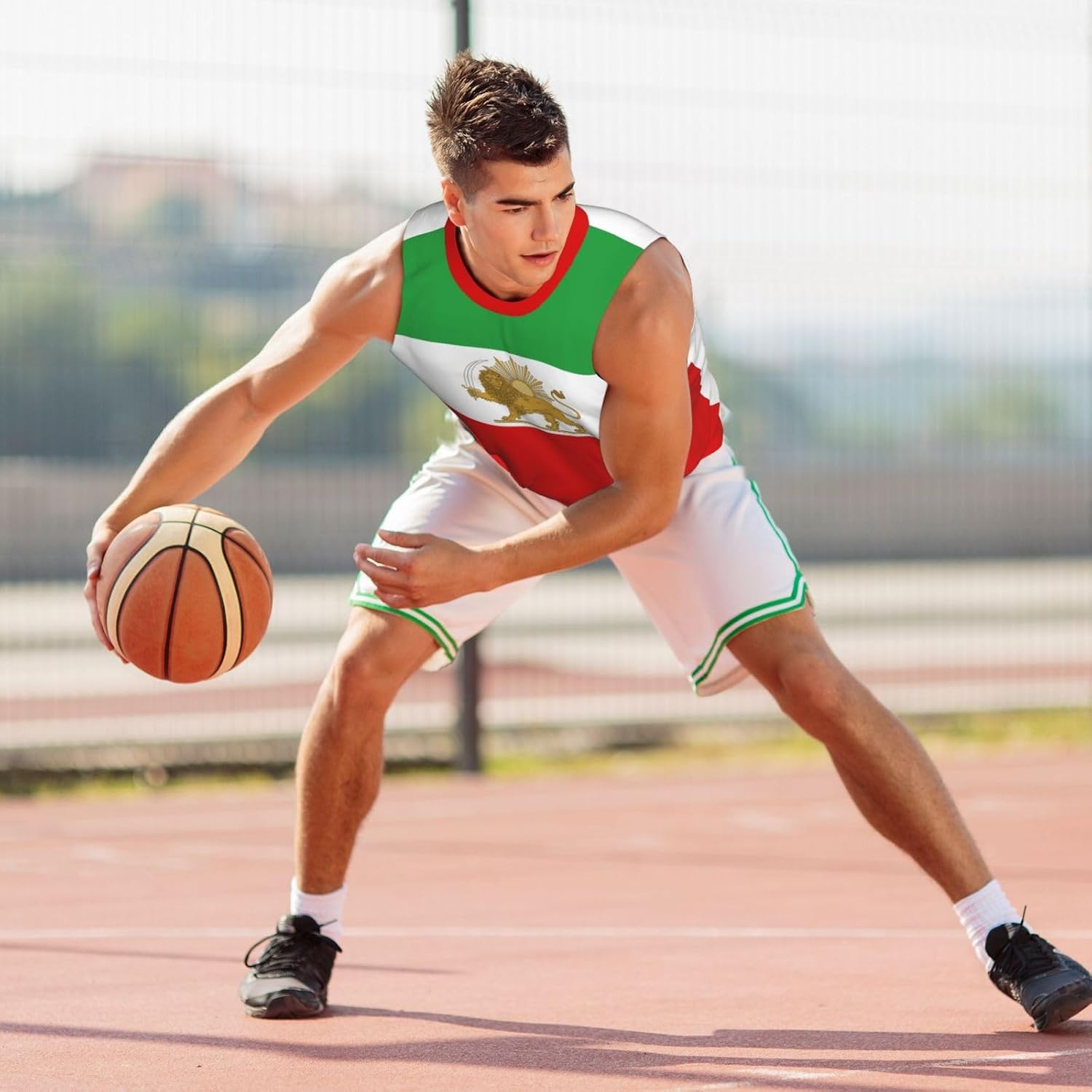 Maillot de Basketball sans Manches pour Homme, orné du Lion et du Soleil, avec l'emblème de l'Iran et Le Drapeau iranien. Idéal pour la Course à Pied, Le Fitness et l'entraînement. - Image 3