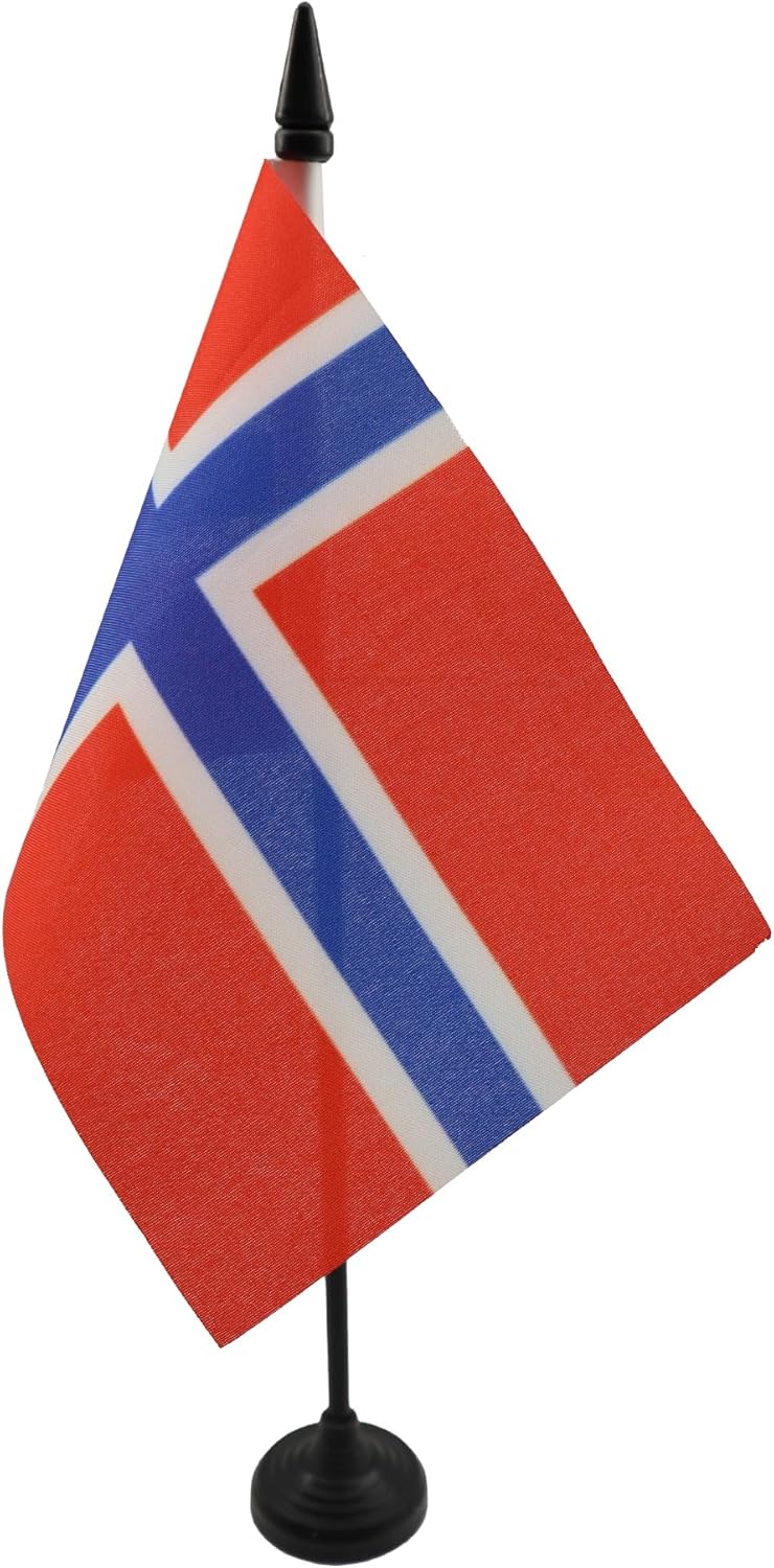 AZ FLAG - Drapeau De Table Norvège - 15x10 cm - Mini Drapeau Norvégien De Bureau 100% Polyester Avec Hampe De 25cm Et Socle En Plastique Noir