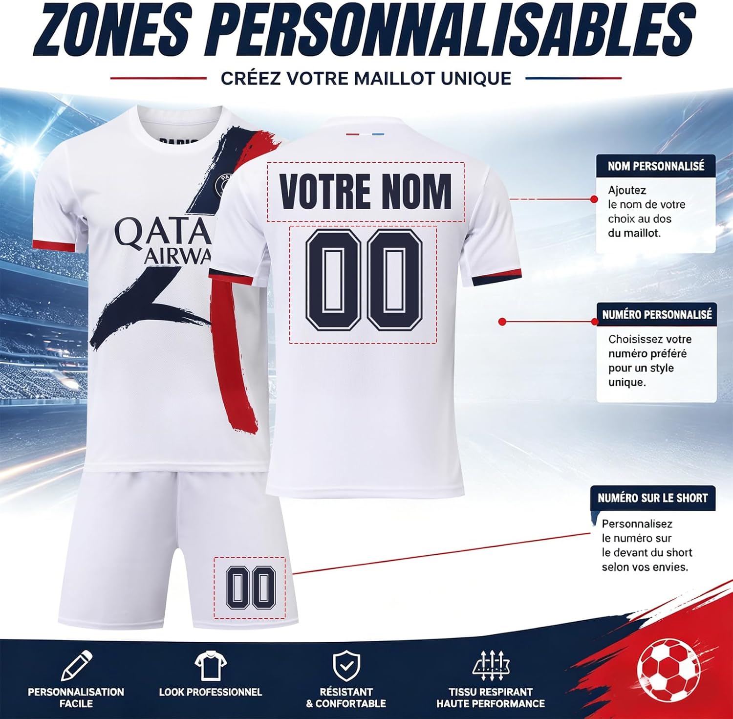Maillot 2026 Personnalisé Enfant Homme, Ensemble Maillot de Foot Paris Domicile Extérieur avec Nom et Numéro, Tenue Football pour Fans et Entraînement - Image 2