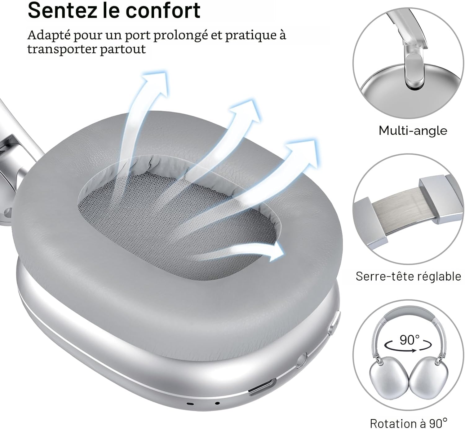 Casque Audio C6 à réduction Active du Bruit, Casque Bluetooth Supra-auriculaire sans Fil, Design Pliable léger, Oreillettes Confortables avec Basses Profondes, avec Micro Argent - Image 4