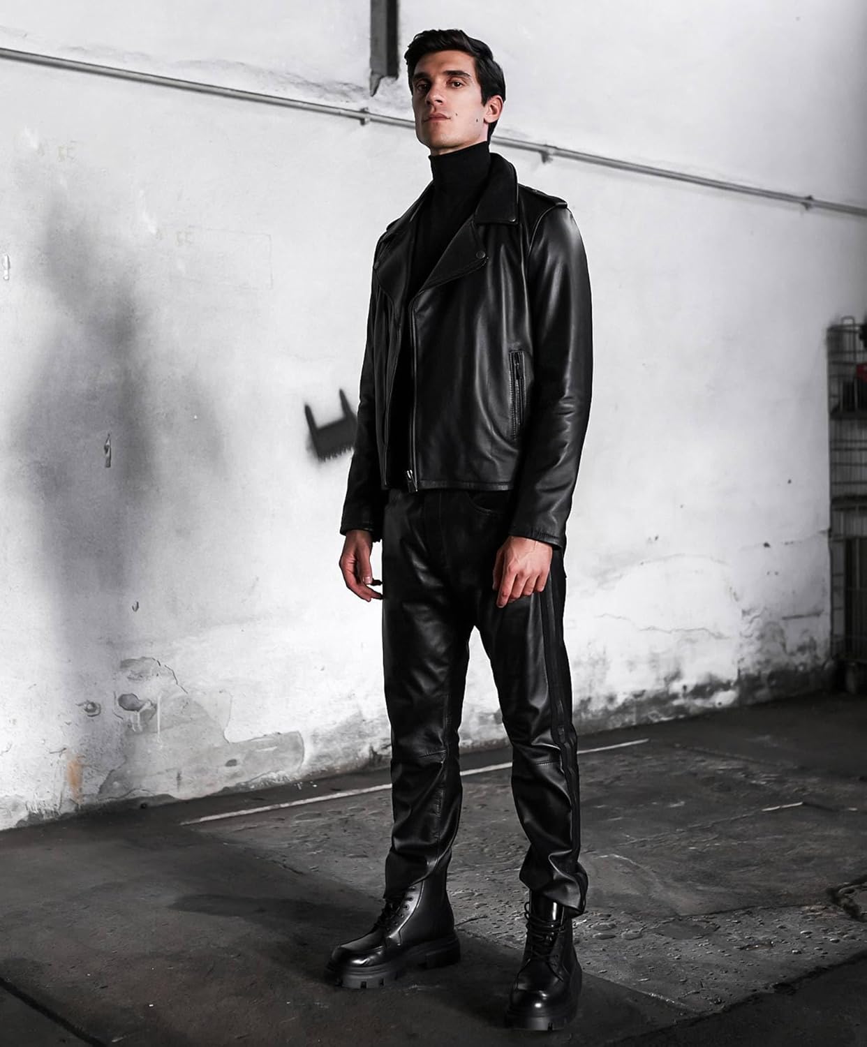 D'Arienzo Veste Cuir Noir Homme Blouson Motard Cuir Véritable Made in Italy Clou - Image 2