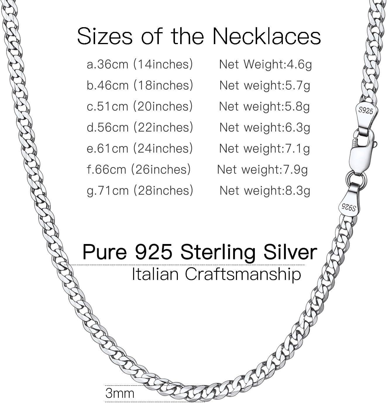 Suplight Argent 925 Sterling Chaine pour Homme, Largeur 3MM/5MM - Taille 36-71cm, Chaîne Collier Maille Cubaine Pendentif pour père argent - Image 4