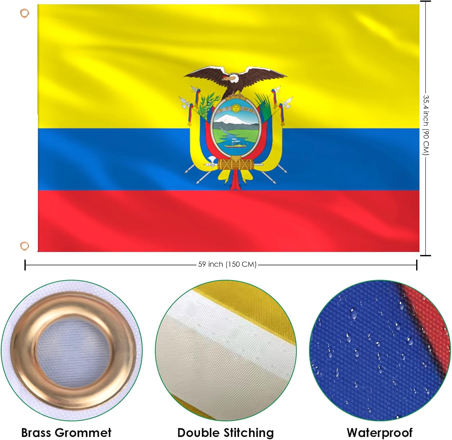 AhfuLife Grand Drapeau Équateur 90×150cm, 1pcs Drapeau Équatorien Double Face avec œillets en Laiton Polyester pour 2026 Coupe du Monde, Fête Nationale, Jardin Decor - Image 2
