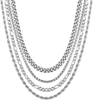 YADOCA 4PCS Argent Chaîne Hommes Acier Inoxydable Collier pour Hommes Femmes Corde Cubaine Figaro Box Chaîne Homme Collier, Cadeaux pour Femmes Filles Homme Garçons