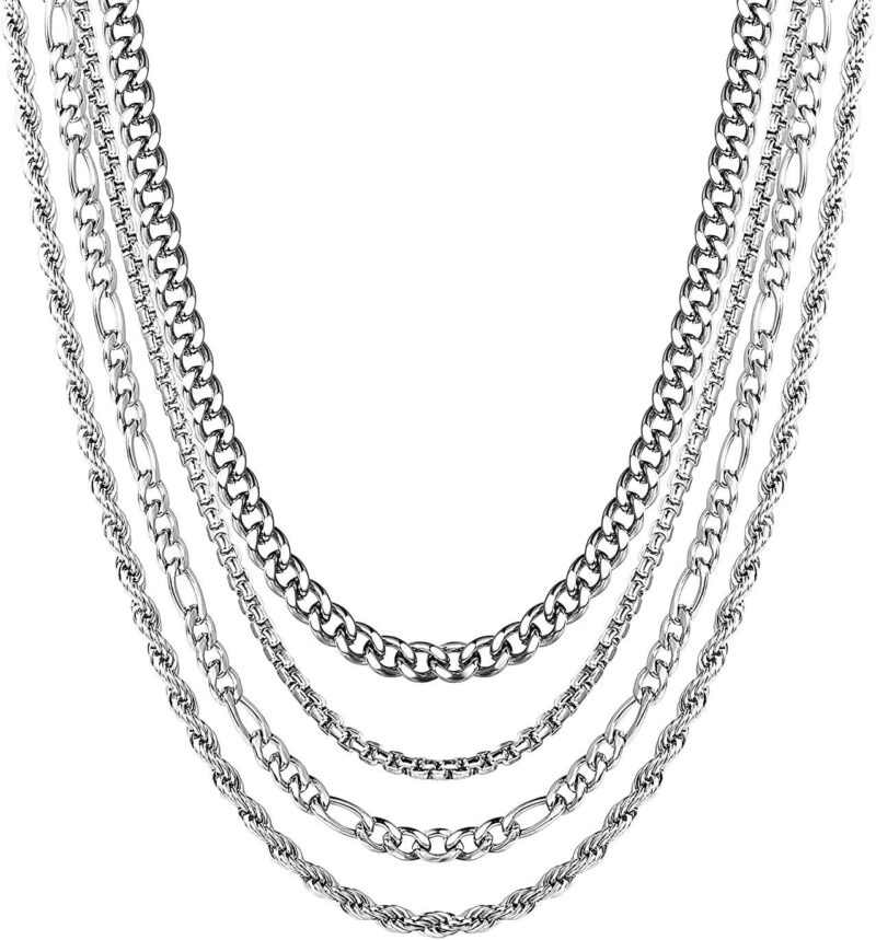 YADOCA 4PCS Argent Chaîne Hommes Acier Inoxydable Collier pour Hommes Femmes Corde Cubaine Figaro Box Chaîne Homme Collier, Cadeaux pour Femmes Filles Homme Garçons