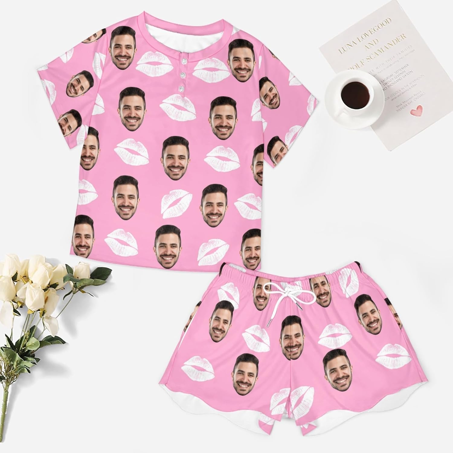 Ensemble de Pyjamas Personnalisé pour Femme,Pyjama Short Personnalisé pour Femme avec Photo de Face, Pyjama Loungewear S-5XL - Image 3