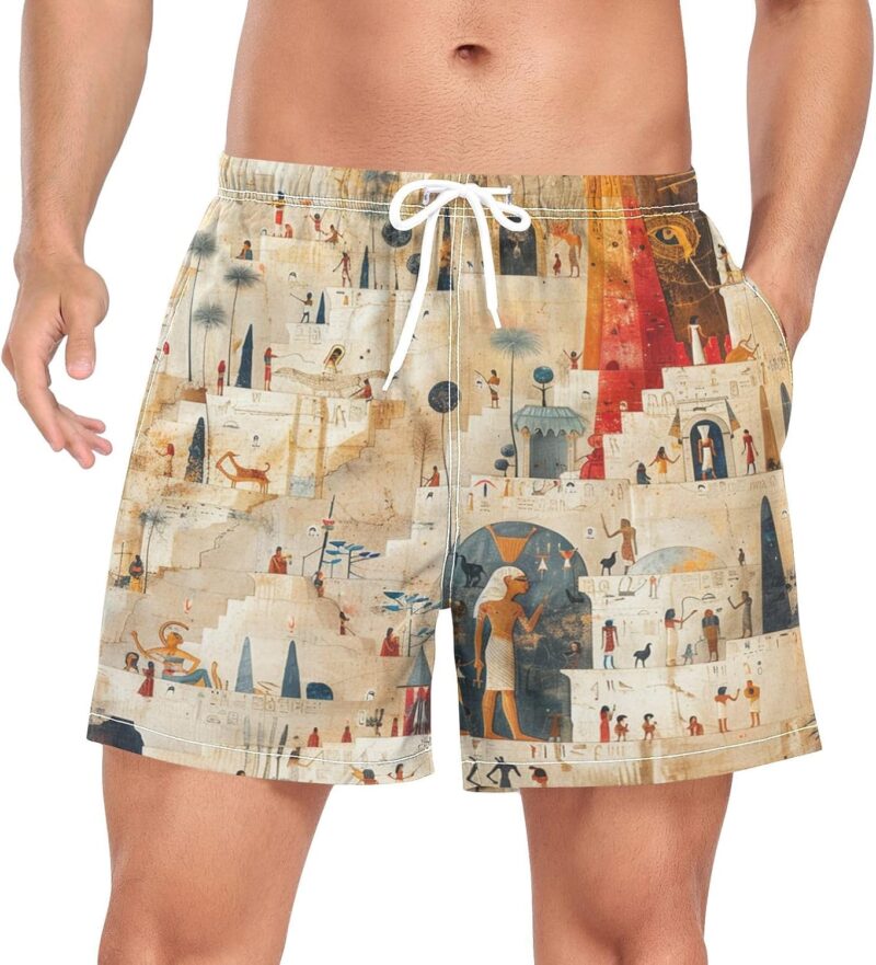 Art Ancien Egypte Jaune Homme Short de Bain Plage Maillot de Bains Respirant Séchage Rapide Beach Shorts