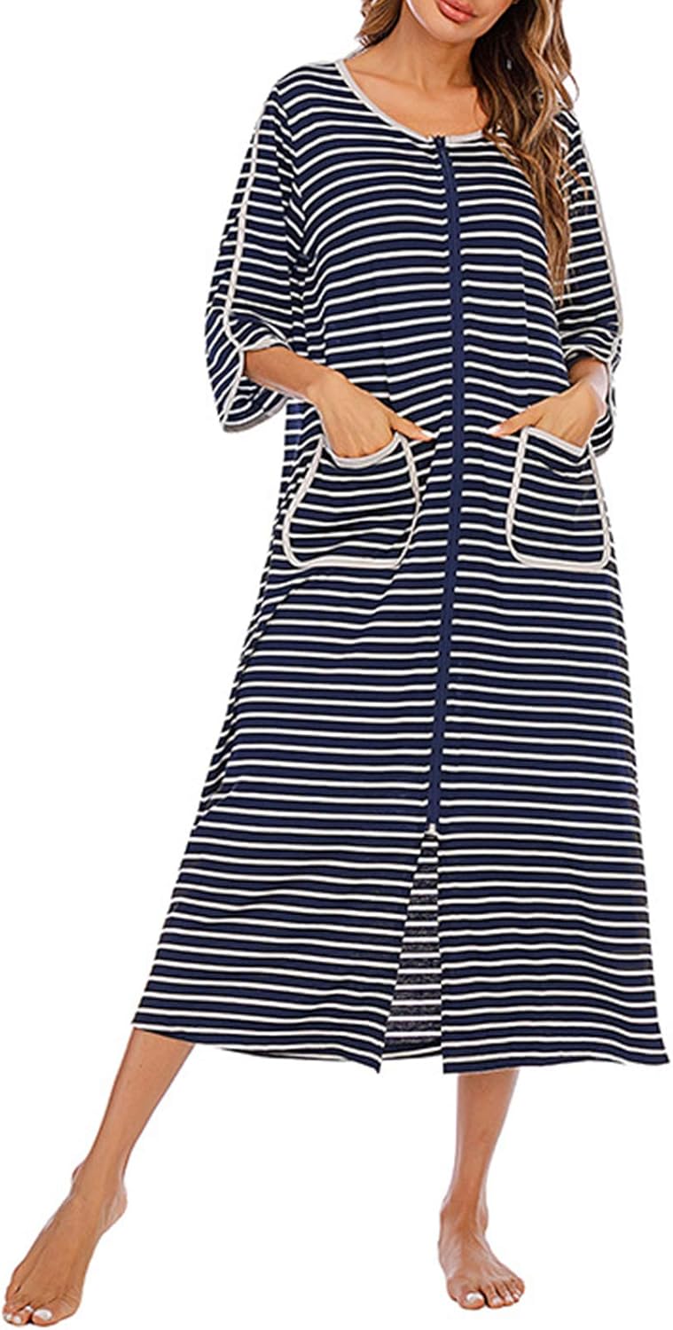 Robe de chambre pour femme, robe de chambre à fermeture éclair douce à manches courtes/longues, avec poches, vêtements de nuit