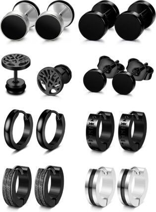 YADOCA 8 Paires Boucles d'Oreilles Hommes Boucles d'Oreilles Noires en Acier Inoxydable Hypoallergénique Piercing Oreilles Créoles Noires pour Hommes Garçons