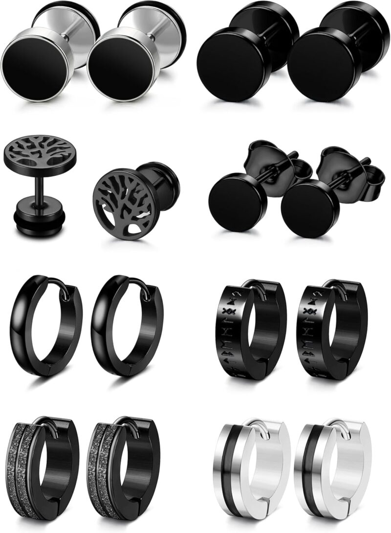 YADOCA 8 Paires Boucles d'Oreilles Hommes Boucles d'Oreilles Noires en Acier Inoxydable Hypoallergénique Piercing Oreilles Créoles Noires pour Hommes Garçons