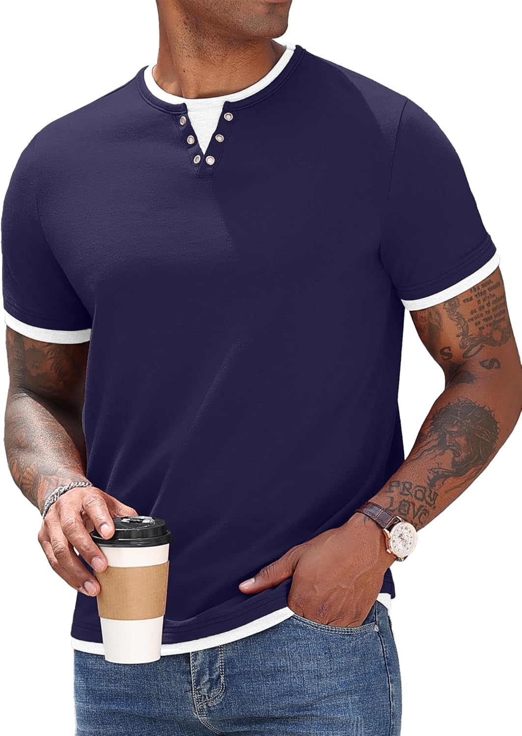 Hisir T-shirts pour hommes Henley Été Manches Courtes Col Rond T-shirt Hommes Décontracté Classique Slim Fit Basique Hauts - Image 2