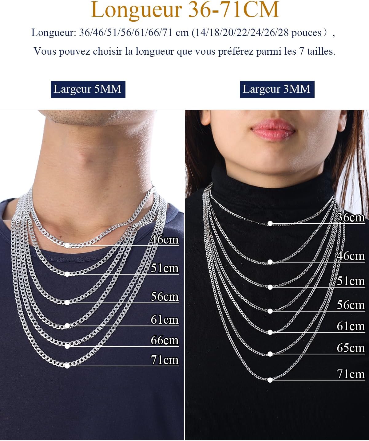 Suplight Argent 925 Sterling Chaine pour Homme, Largeur 3MM/5MM - Taille 36-71cm, Chaîne Collier Maille Cubaine Pendentif pour père argent - Image 3