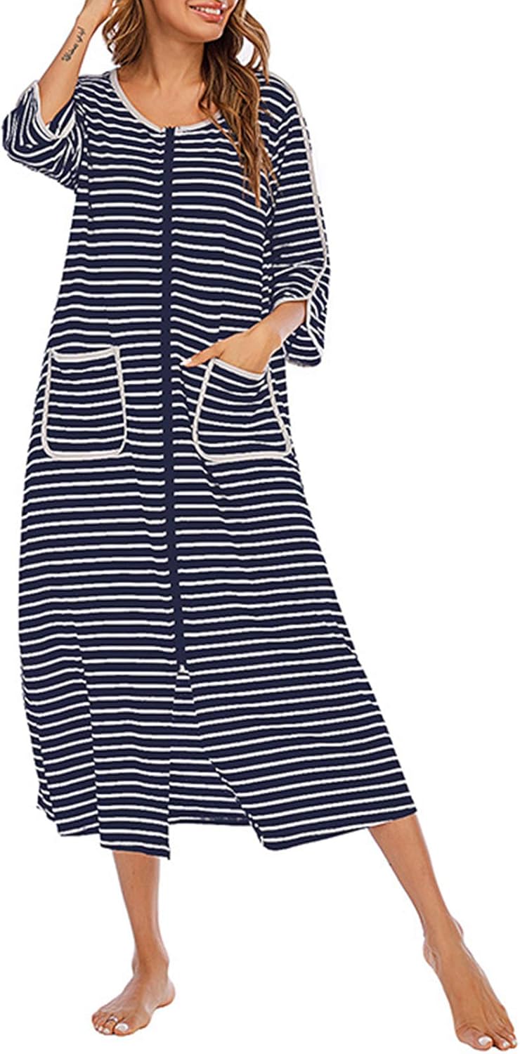 Robe de chambre pour femme, robe de chambre à fermeture éclair douce à manches courtes/longues, avec poches, vêtements de nuit - Image 4