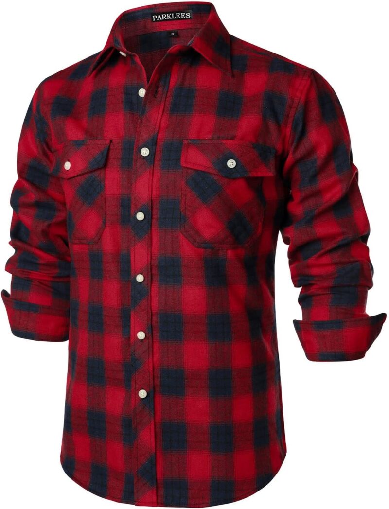 PARKLEES Chemise décontractée pour homme - Coupe droite - Boutonnée - Carreaux - En flanelle - Avec poches