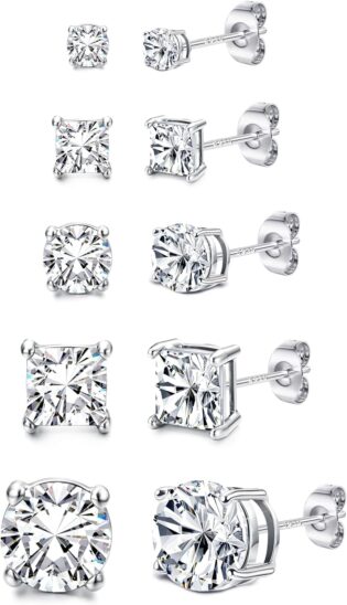 Boucles d'oreilles en argent sterling 925 pour hommes 5 paires de boucles d'oreilles plaquées or 14k pour les femmes rondes et carrées en zircone cube Boucles d'oreille ensemble taille 3/5/8mm