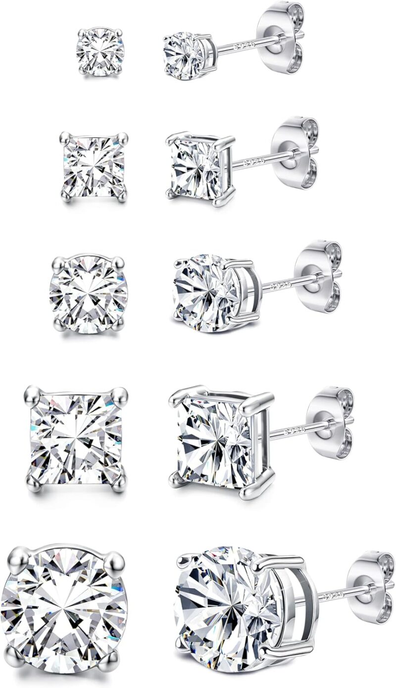 Boucles d'oreilles en argent sterling 925 pour hommes 5 paires de boucles d'oreilles plaquées or 14k pour les femmes rondes et carrées en zircone cube Boucles d'oreille ensemble taille 3/5/8mm