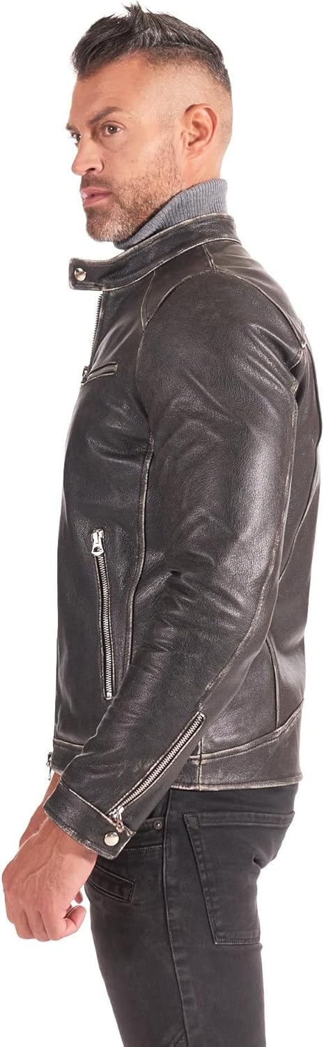 D'Arienzo Veste Cuir Véritable Noir Homme Blouson Vinatge Motard Made in Italy Hamilton - Image 2