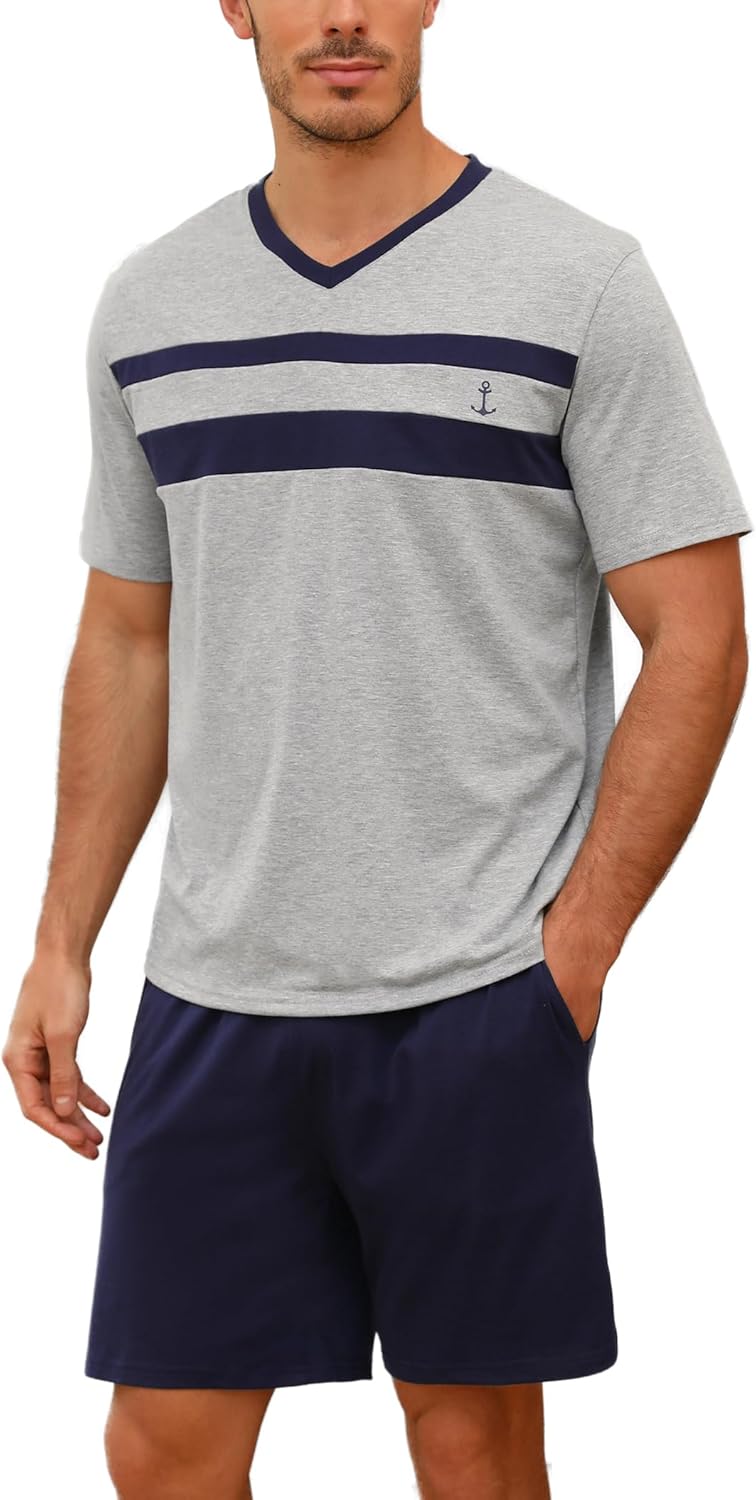 Nieery Ensemble Pyjama Court Homme Coton pour l'Été - T-Shirt à Manches Courtes Col V et Short Assortis - Idéal pour la Nuit