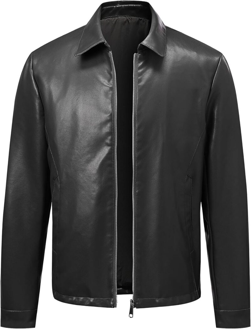 Allthemen Veste en Simili Cuir Homme Zippé Casual Blouson en PU Moto Rétro Classique Haut de Transition Pilote Noir 3XL